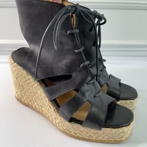 A.P.C. black lace up leather wedge espadrilles sandals size 41‎